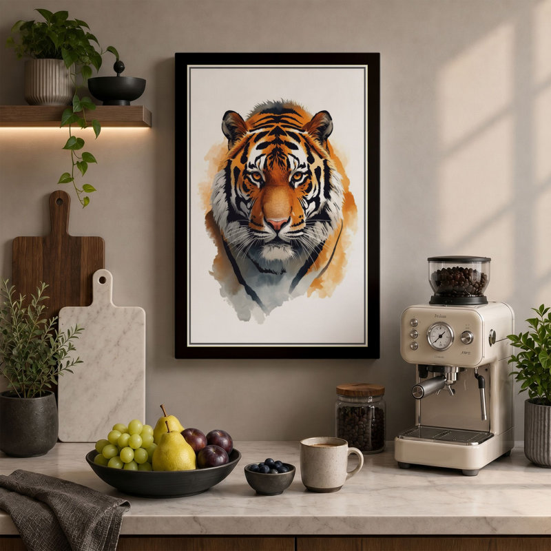 Tiger Face Forward Botanical - Wrapped Canvas, 18x12 - 45.7 x 30.5 cm, White Border