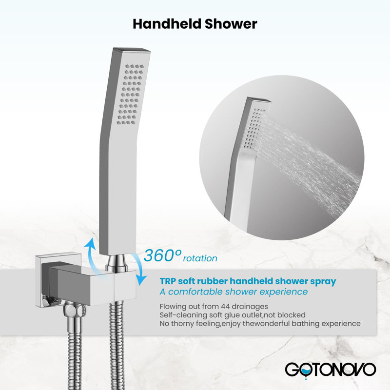 16-Inch Square Rain Shower Head, Handheld Shower, 59-Inch Shower Hose, 15.7-Inch Shower Arm, Handheld Holder, Polished Chrome