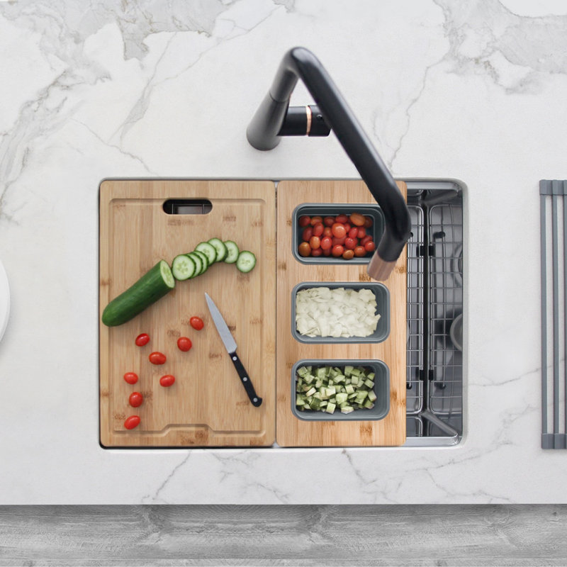 18 inch Over the Sink Divided Serving Board with 3 Collapsible Containers