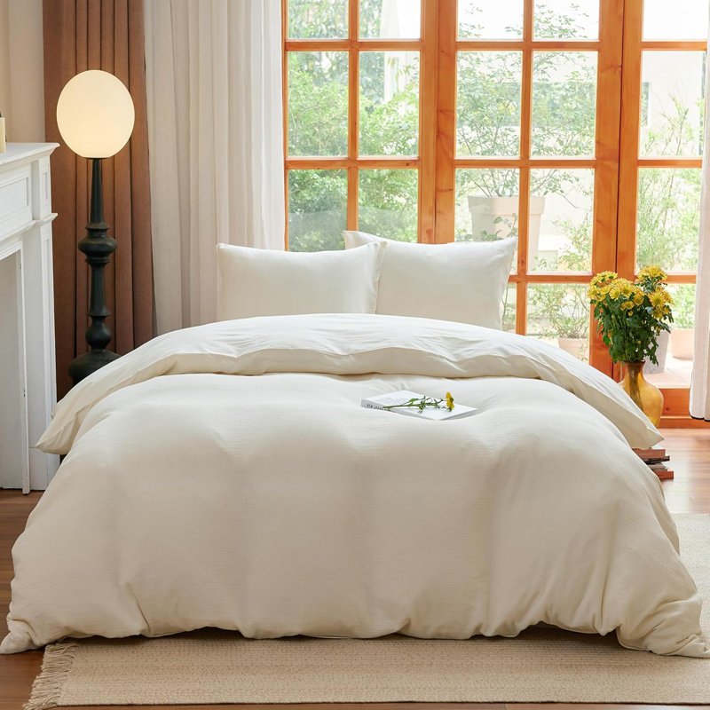 Ensemble de housse de couette en mousseline 100% coton lavé pour toutes les saisons, Beige