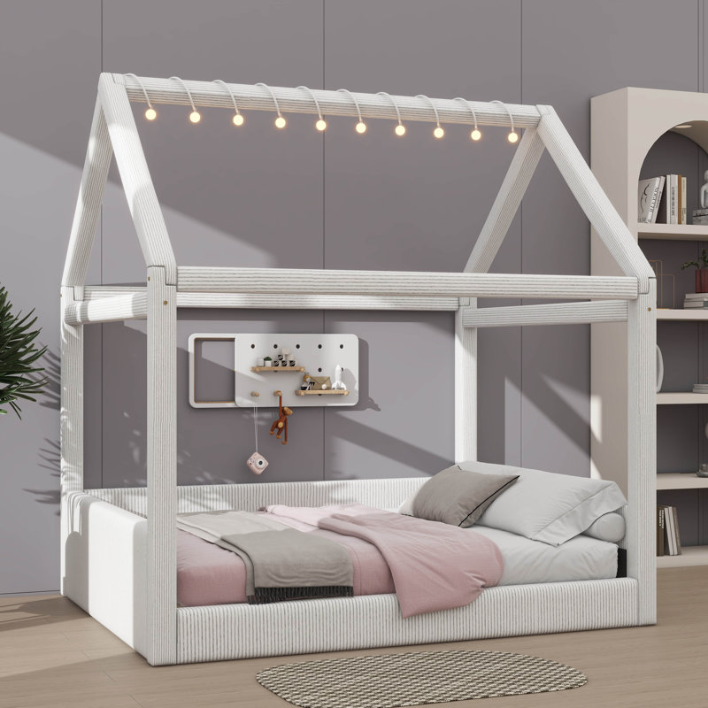 Lit de jour pleine grandeur recouvert de tissu avec bandes lumineuses à DEL, Beige