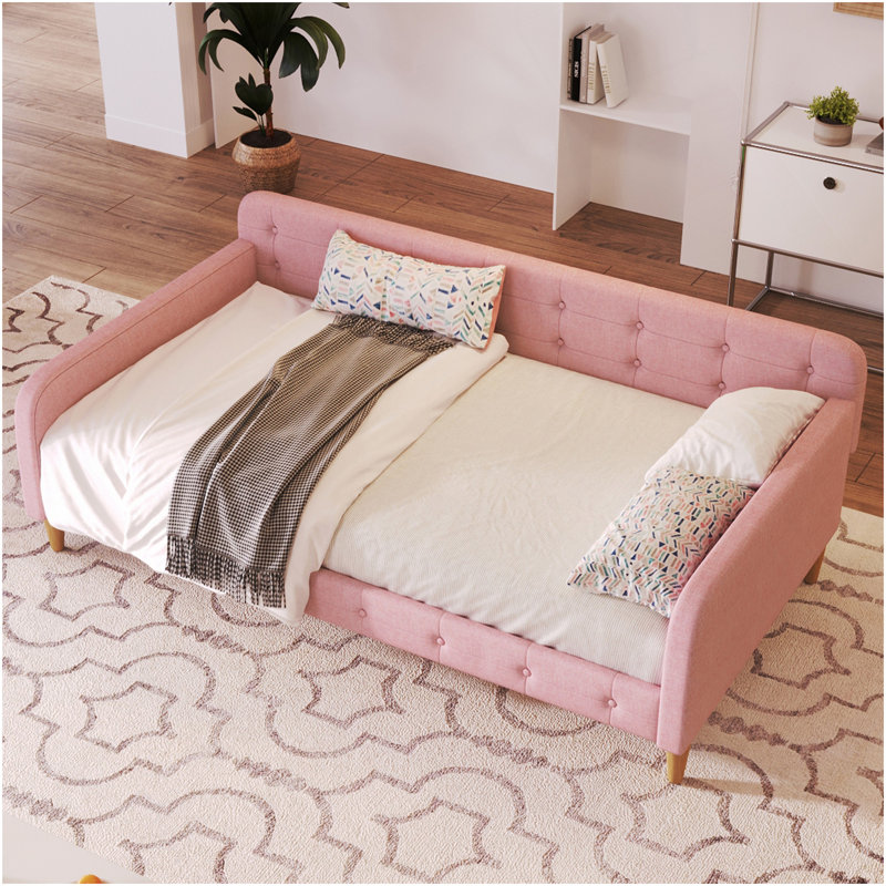 Lit de jour simple tapissier avec 4 pieds de soutien, Rubine, Rose