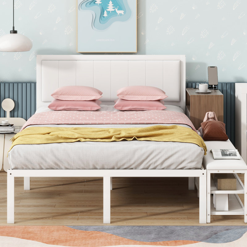 Lit plateforme en métal blanc avec matériau, rangement, armoire pleine grandeur en bois, armoire, touche élégante, Double