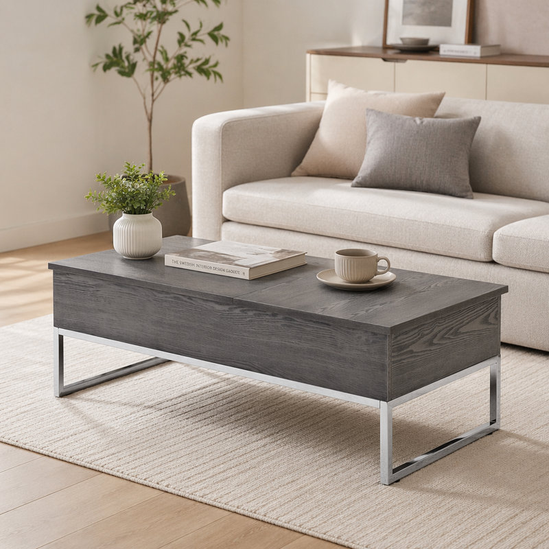 Table basse avec plateau relevable en chêne gris et chrome, 26.5" H x 47.5" W x 24.5" D, Oak / Oak+Silver, Does Not Apply