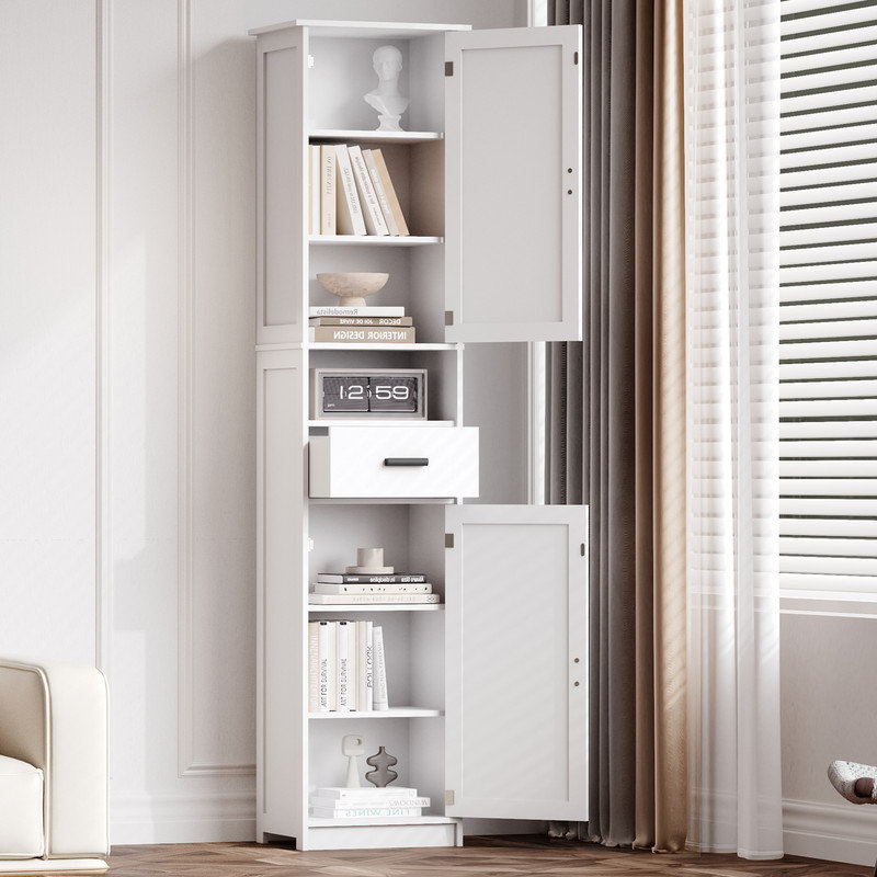 Grande armoire de rangement pour salle de bain avec 2 portes de grange, 1 tiroir, tablettes réglables et conception étroite pour les petits espaces