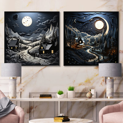 Paysage de grange au clair de lune II "Paysage de grange au clair de lune II" 2 pièces