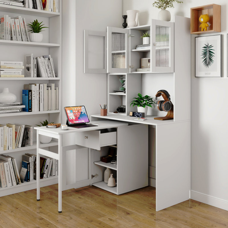 Bureau d'ordinateur avec porte en verre pour bureau à domicile ou bureau d'étude, bibliothèque et huche, bureau d'ordinateur avec bureau rotatif à 90 degrés, grand espace de travail