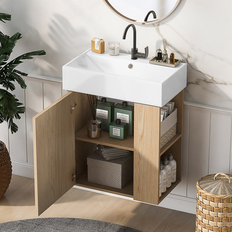 Meuble-lavabo flottant moderne avec lavabo en céramique, rangement à droite pour les salles de bain compactes, conception peu encombrante