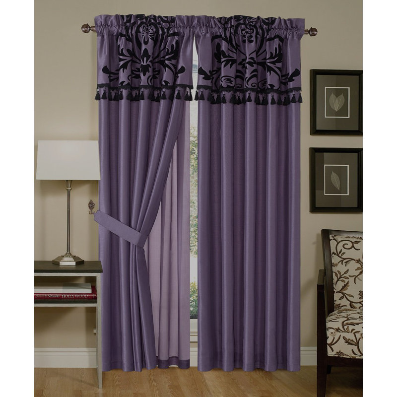 Semi Sheer Curtain Pair, Violet/Black