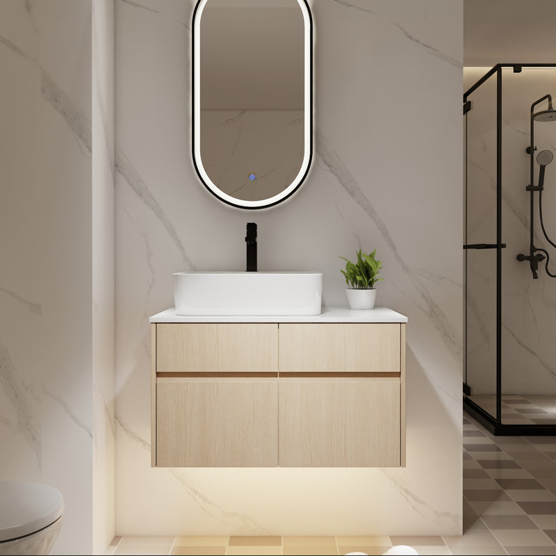 Ensemble de meuble-lavabo simple 32 "avec lavabo en céramique et portes à fermeture douce, Chêne blanc