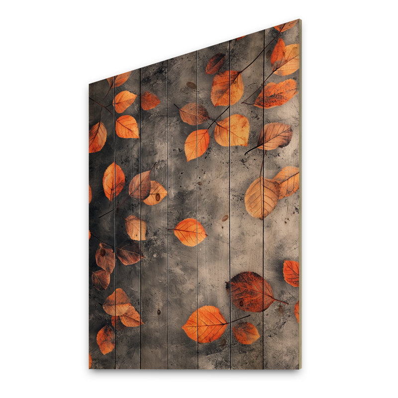Feuilles d'automne orange I - décoration murale en bois de feuilles - sur bois de pin naturel, H 44 po x l 34 po x P 0,78 po