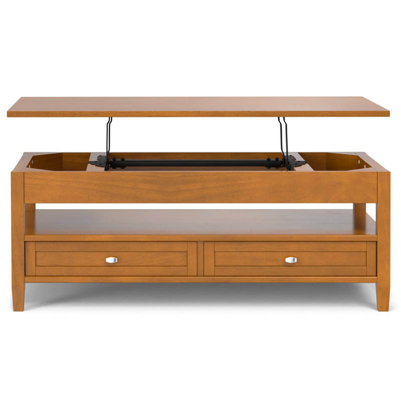 Warm Shaker 48"W Solid Wood Transitional Lift Top Coffee Table with Hidden Storage, 2 Drawers and Open Shelf
