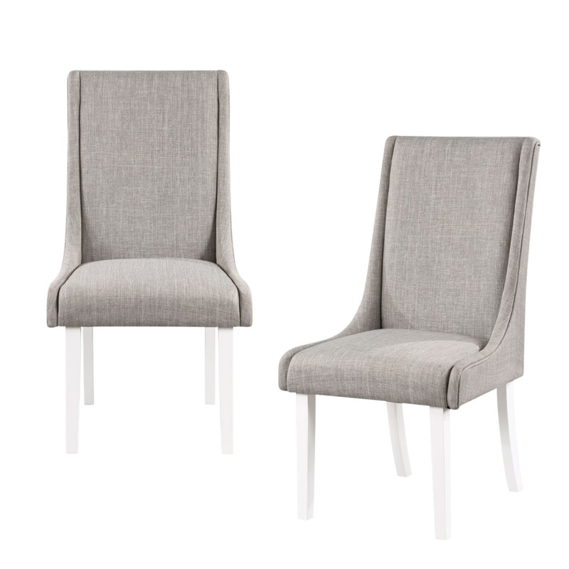 Set of Two Grey and White Linen Dining Side Chairs