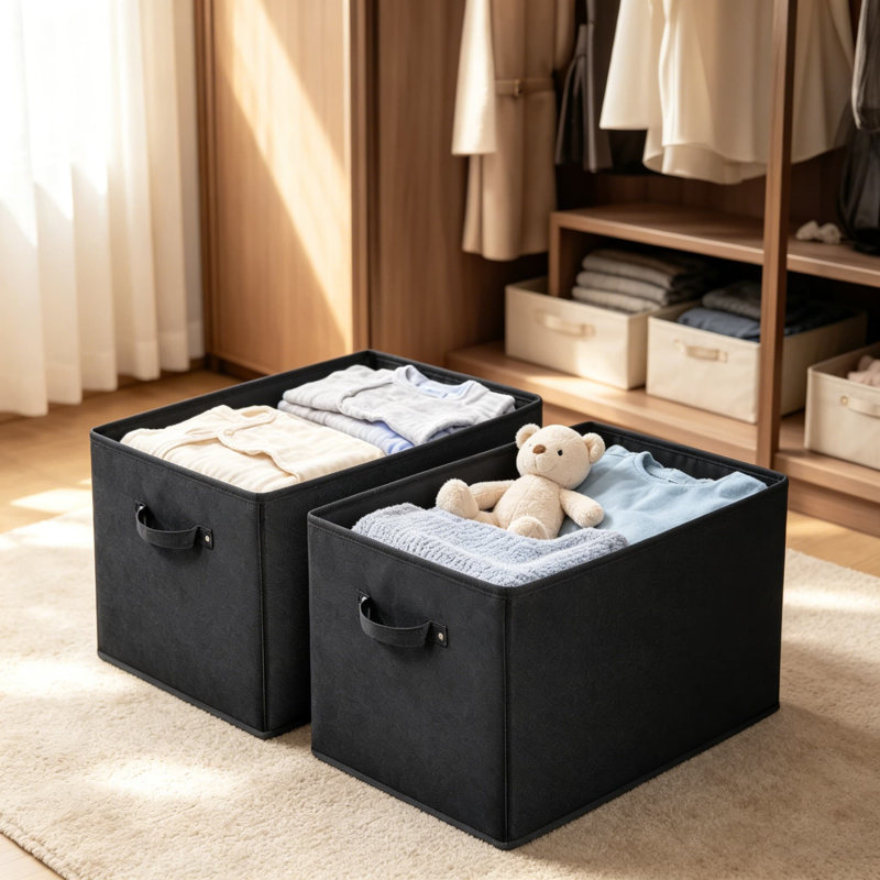 Bac de rangement pliable en tissu avec poignées, paquet de 2, 15 x 13 x 13 po, grande capacité de 42 L, noir