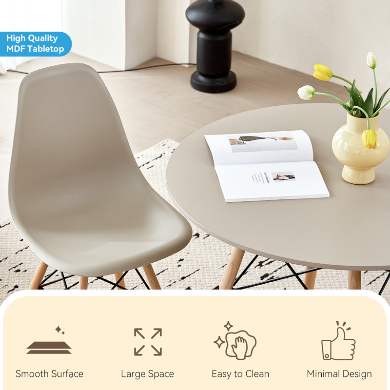5-Piece Round Dining Table Set for 4, 31.5” Kitchen Table with Chairs, Solid Wood Legs, Plastic Seats, Sand, Beige, Beige