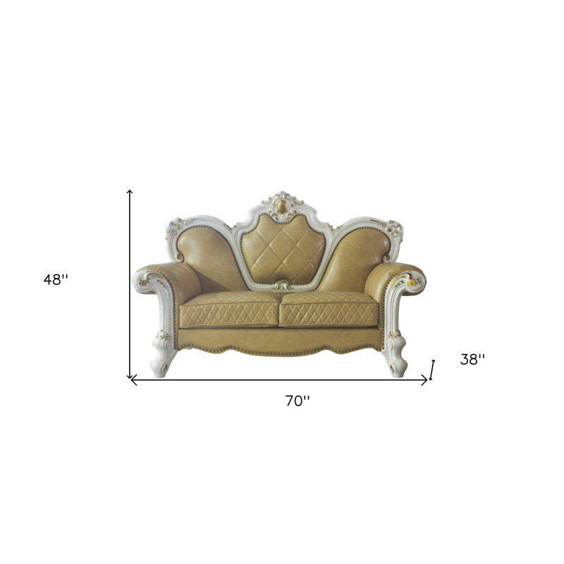 Causeuse et coussins décoratifs 70 po jaune doré et perle