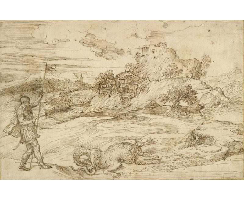 «Landscape with St. Theodore Over surmont the dragon» par Titian - Art mural sur toile tendue avec châssis, H 24 po x l 17 po