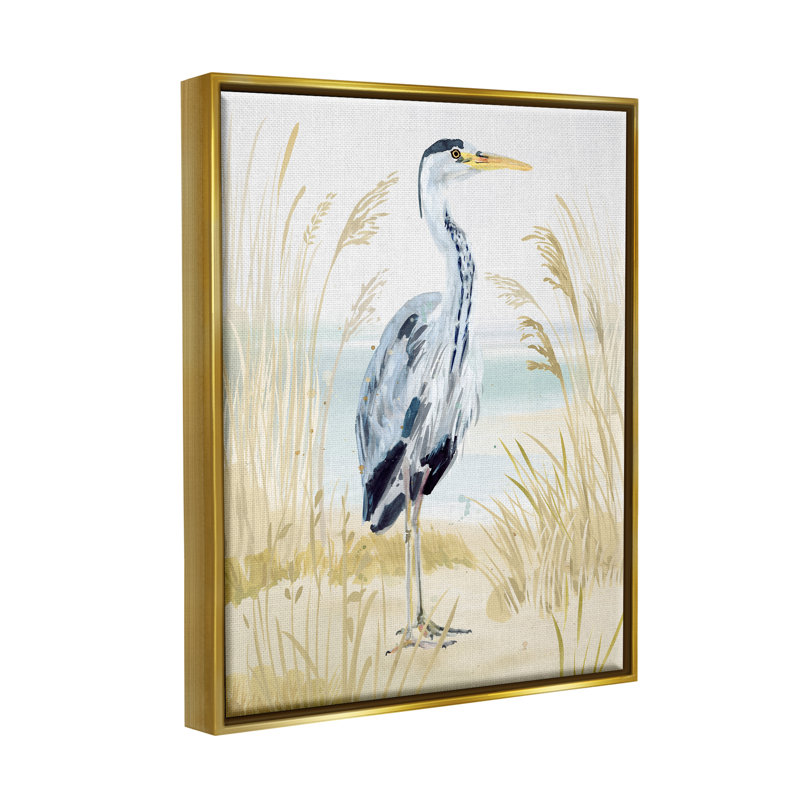 Modern Heron On Beach, reproduction d'art sur toile, Cadre flottant métallique doré, H 31 po x l 25 po x P 1,7 po