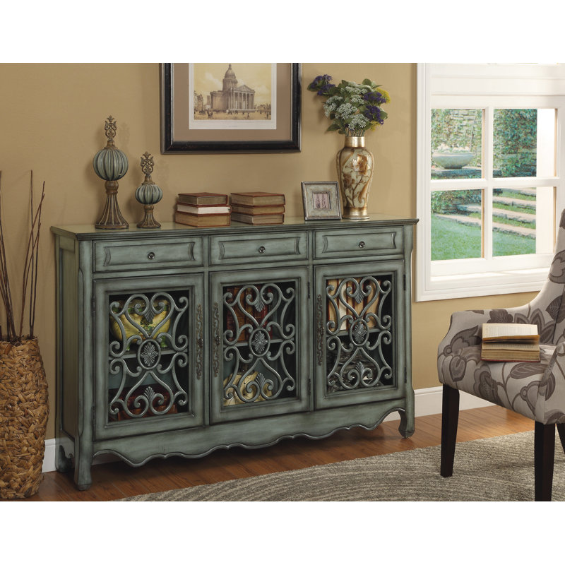 Buffet en bois à trois tiroirs Ferrier, Gris vert capot