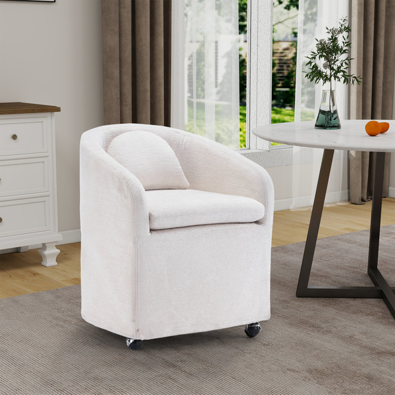 Fauteuil de salle à manger en chenille avec coussin de dossier et roues universelles en tissu, Beige
