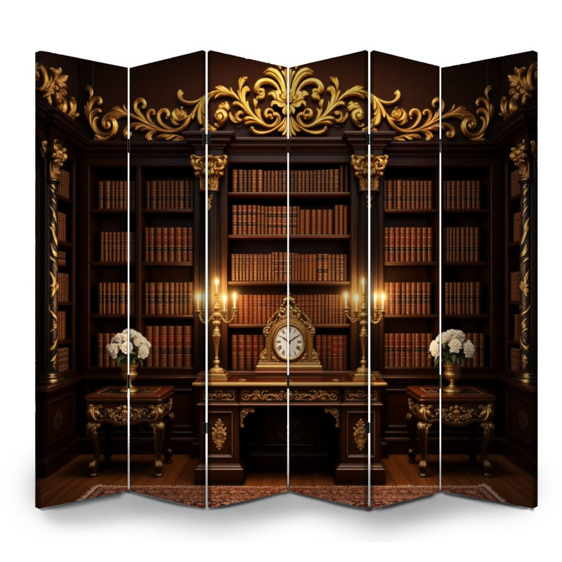 Cloison pliante à 6 panneaux avec bibliothèque intérieure et bibliothèque antique, Couleur 1