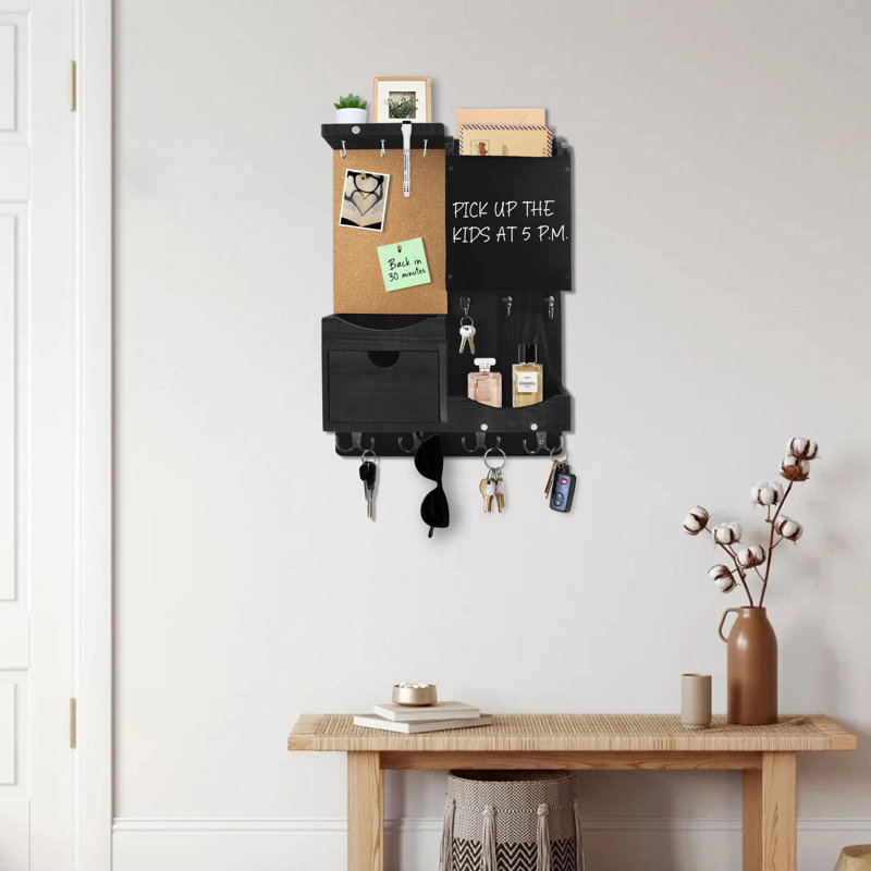 Porte-clés mural, porte-clés organisateur de courrier pour mur avec tablette, tiroir, tableau noir, tableau de liège, décoration murale pour le vestibule (noir)