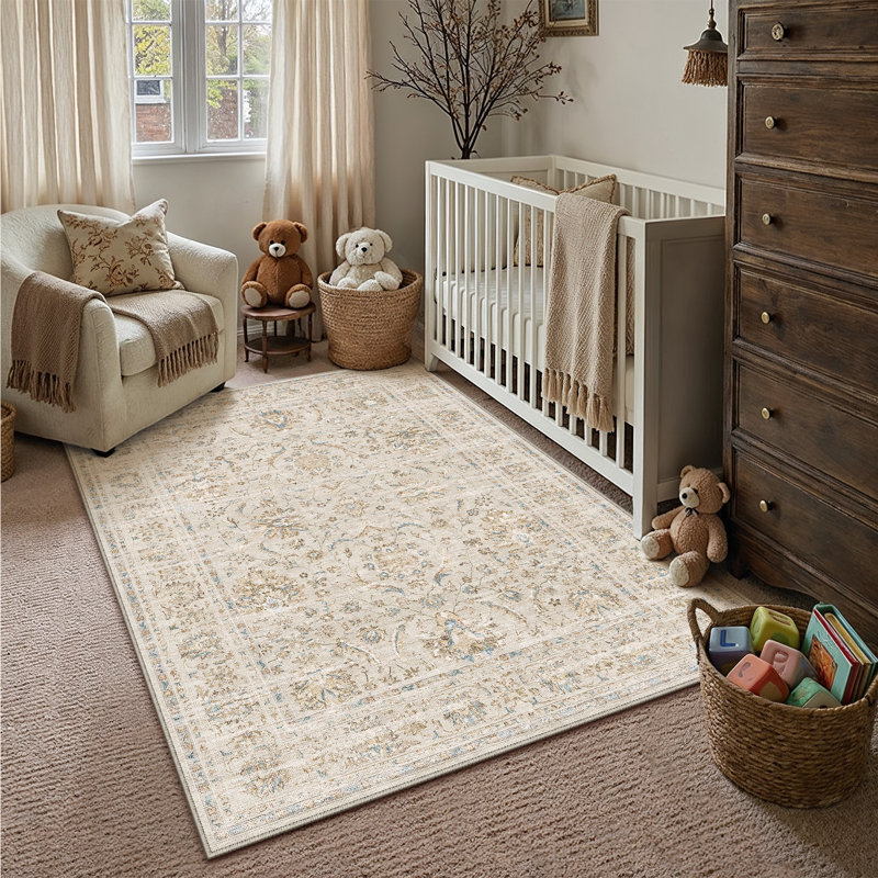 Tapis lavable Quinn Vintage avec envers antidérapant, Beige, Rectangulaire 3 pi x 5 pi