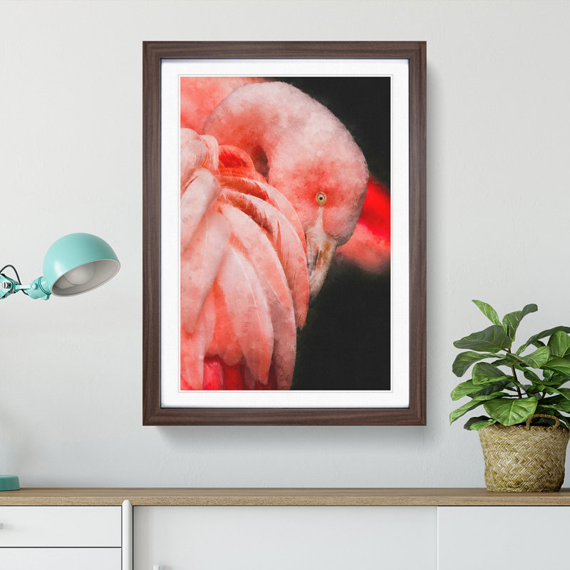Pink Flamingo Abstract - Single Picture Frame Painting on MDF, 63cm H x 45cm W x 2cm D, Walnut Framed