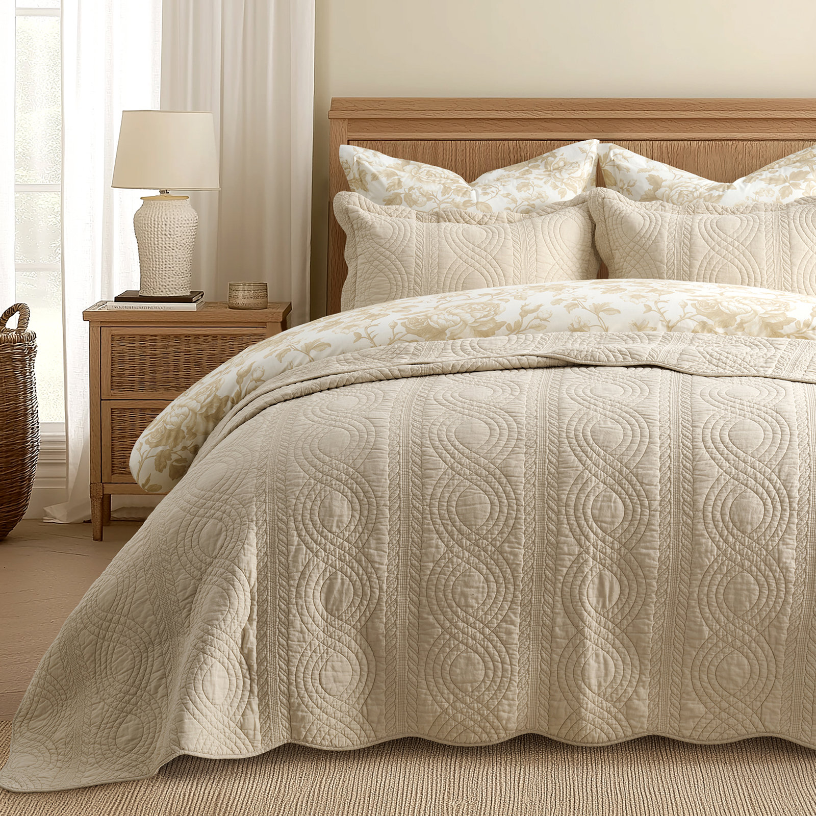 Scallop Edge 100% Cotton Quilt Set, Queen Quilt + 2 Queen Shams, Flax Beige