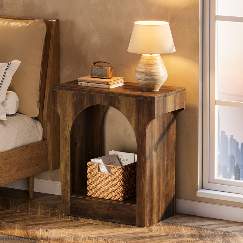 Wood End Side Table With Storage Space For Living Room, Narrow Nightstand For Bedroom, Rustic Brown