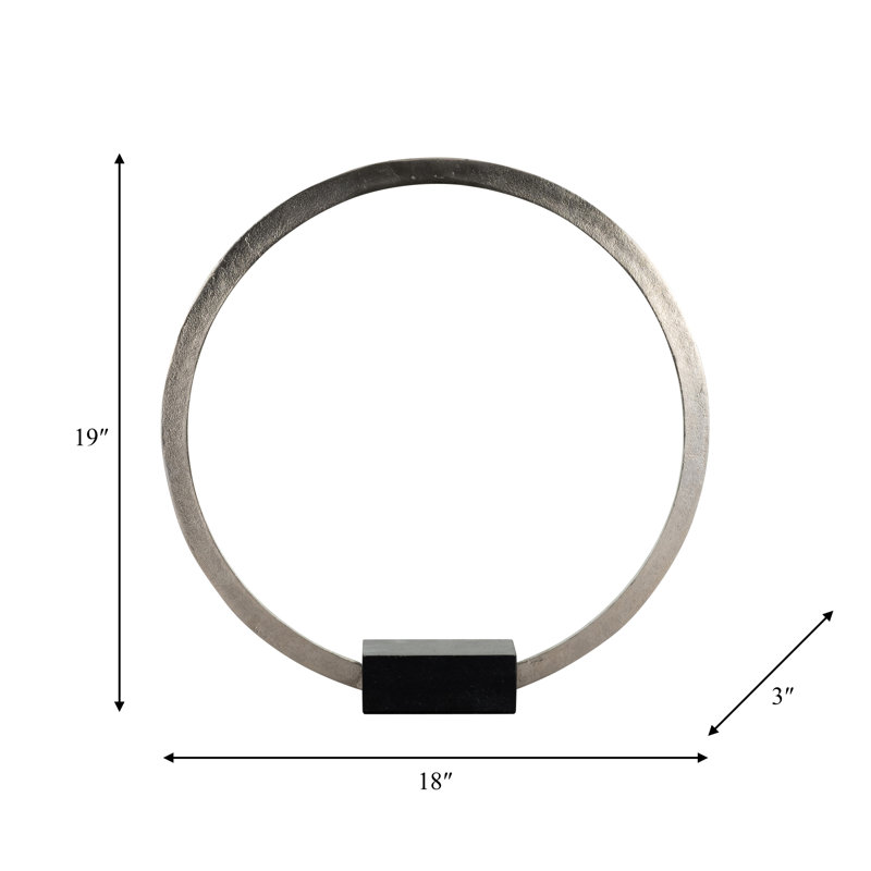 Florastine Metal and Stone Circular Sculpture with Aluminum and Marble Accents in Minimal Modern Design, 19" H x 18" W x 3" D