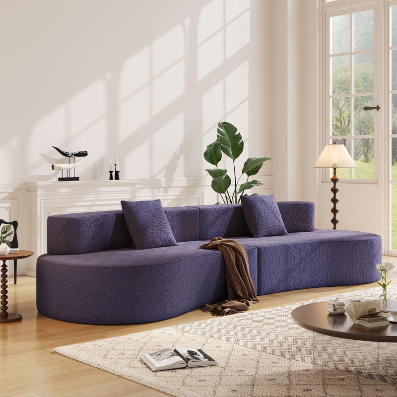 118''L Compression Sofa Bed Tatami Cashew-Shaped Sofa Curved Couch Chesterfield Sofa Sectional Sofa, Purple
