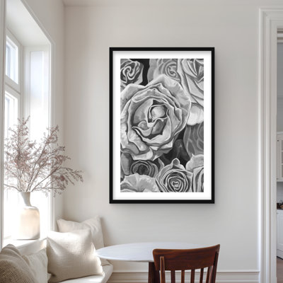 Grayscale Roses - imprimé floral encadré noir mat pour la décoration