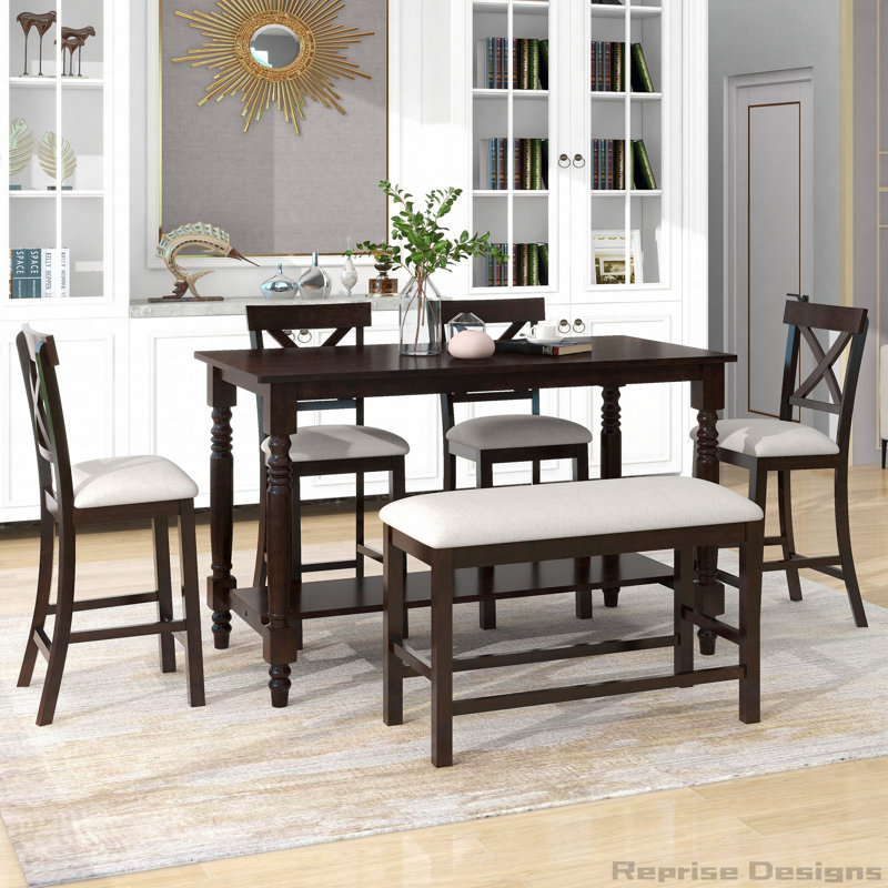Ensemble de 6 tables de salle à manger à hauteur de comptoir avec 4 chaises et un banc pour la salle à manger, Espresso