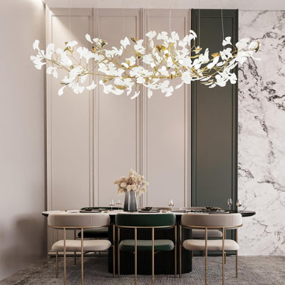 Lustre 79 branches en laiton 16 lumières 79 pouces avec feuilles de ginkgo en céramique