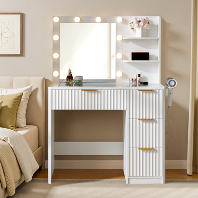 Modern Dressing Table with 3-Colour LED Mirror, Built-In Power Outlet & Storage