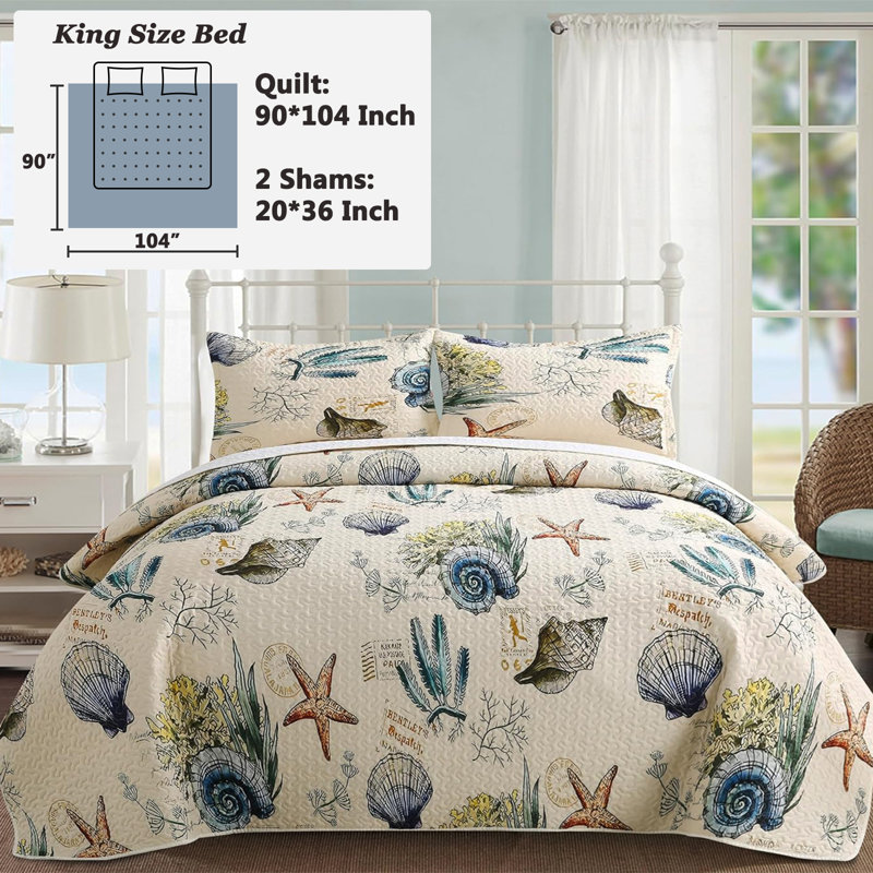 Coastal Quilt Set - Lightweight Soft Beige Coastal Bedspread for Beach House Bedroom Decor, King Quilt + 2 King Shams