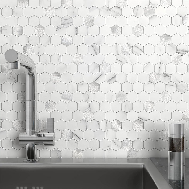 Marble Tiles White Silver 10pcs
