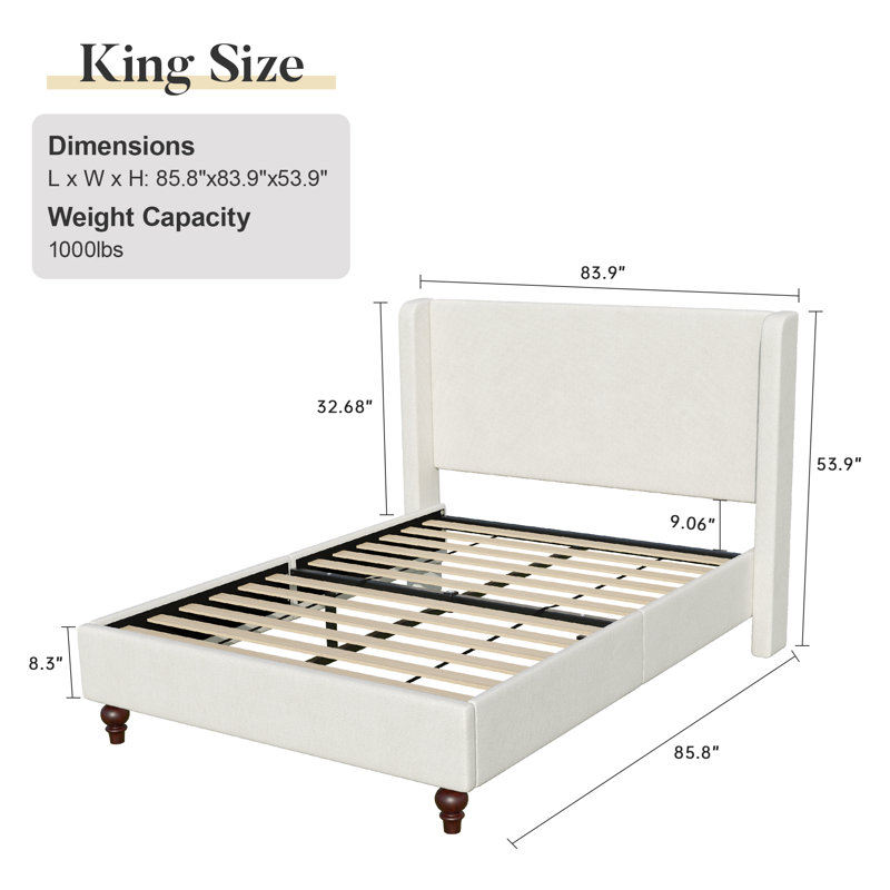 Charlton Home® Modern Upholstered Platform Bed With Wingback Headboard with Solid Wood Legs, King