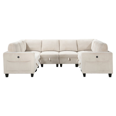 8 Modular Sectional Couch With Storage, Beige Corduroy, Side Pockets & Charging Corduroy 8 Ports And For Home