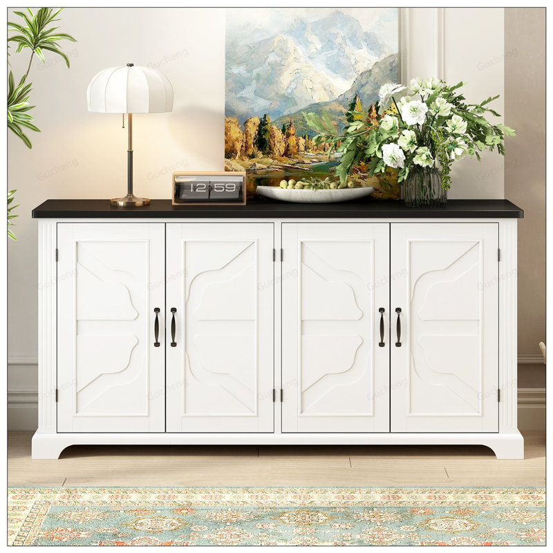 American Country Style Wooden Sideboard With Pine Doors And Legs, 4 Metal Handles, For Hallway Entryway Living Room Dining Room