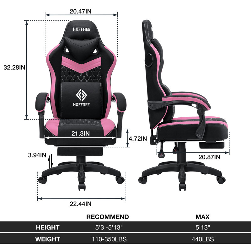 Reclining Ergonomic Fabric PC & Racing Game Chair With Bluetooth Speakers And Vibration Lumbar Pillow, Pink