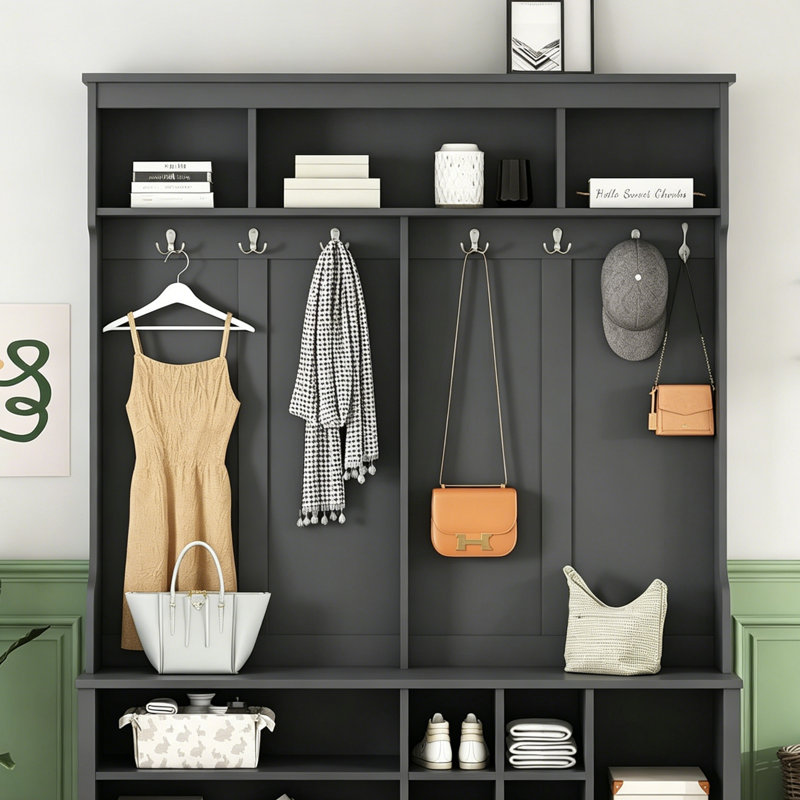Wood Hall Tree with Metal Hooks & Shoe Storage Bench, Modern Entryway Coat Rack Organizer, Mudroom Storage Cabinet with Open Cubbies for Entryway, Mudroom & Narrow Hallway