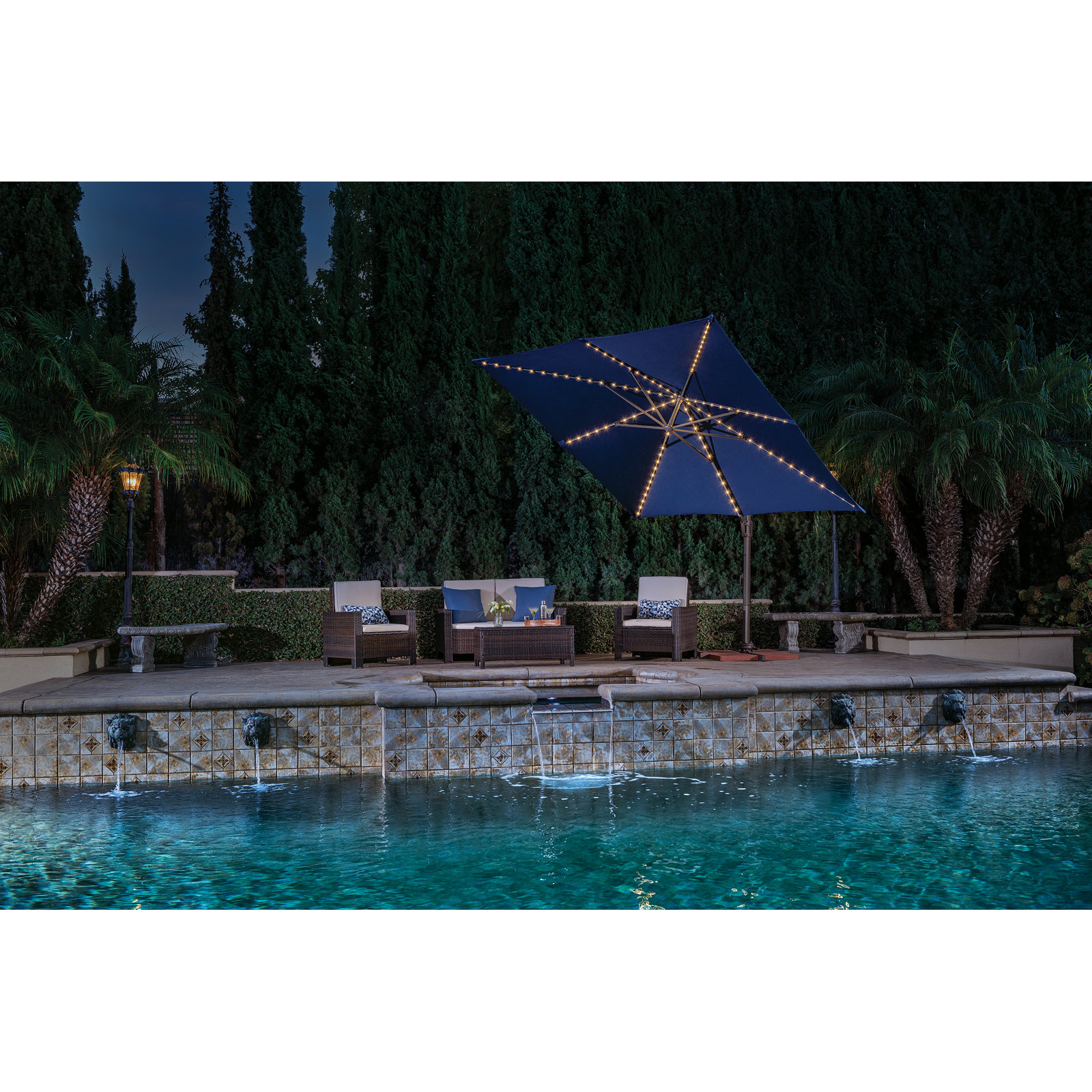 Windell 10' Cantilever Umbrella with Lights, Canvas Navy Sunbrella® Canvas