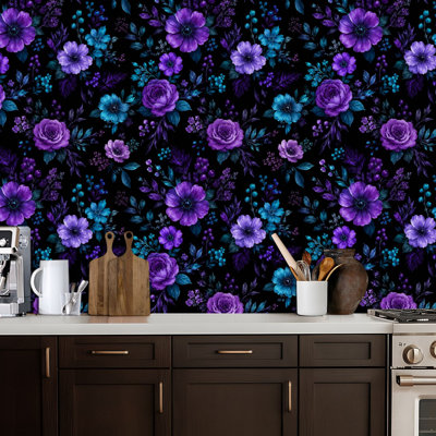 Peel and Stick PVC Wallpaper, Removable Self-Adhesive Wall Covering With Vibrant Purple Teal Floral Black Print, Waterproof for Home Decor - Roll