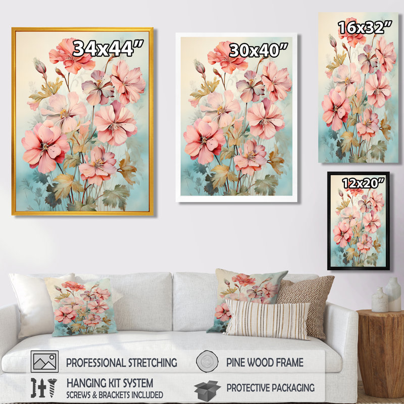 Fleurs de géranium roses sur fond bleu clair rétro - géraniums, Toile tendue, H 32 po x l 24 po