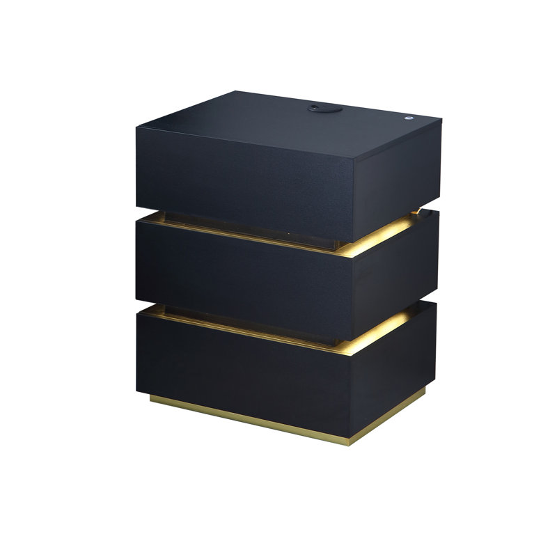 Black Nightstand, LED Fluted Night Stand with Charing Station, Small Night Table with 3 Drawers, Bedside Table with USB Ports, Modern End Side Table for Bedroom/Livingroom