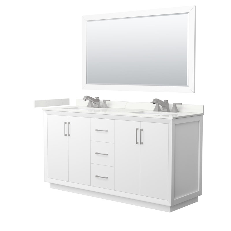 Strada 66'' W Double Vanity, Giotto Quartz, White, Brushed Nickel