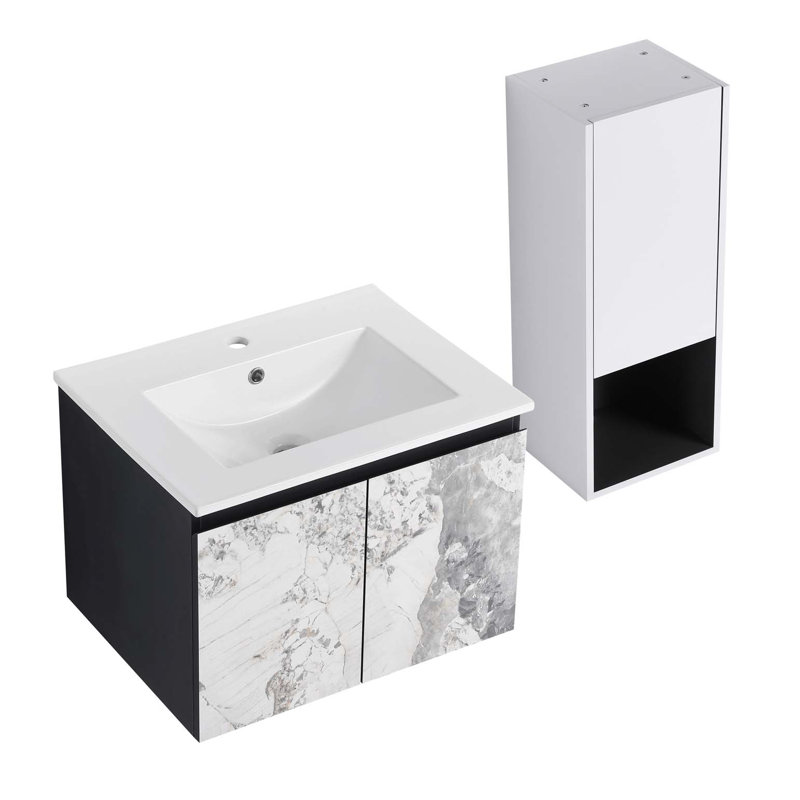 Meuble-lavabo mural avec lavabo en céramique et armoire latérale et portes à fermeture douce, armoire combinée, 24"