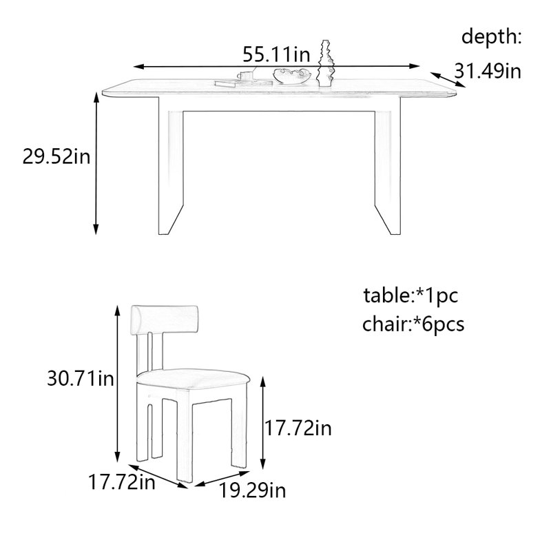 Design the rock plate dining table and chair set, 29.52"H x 55.11"L x 31.49"W